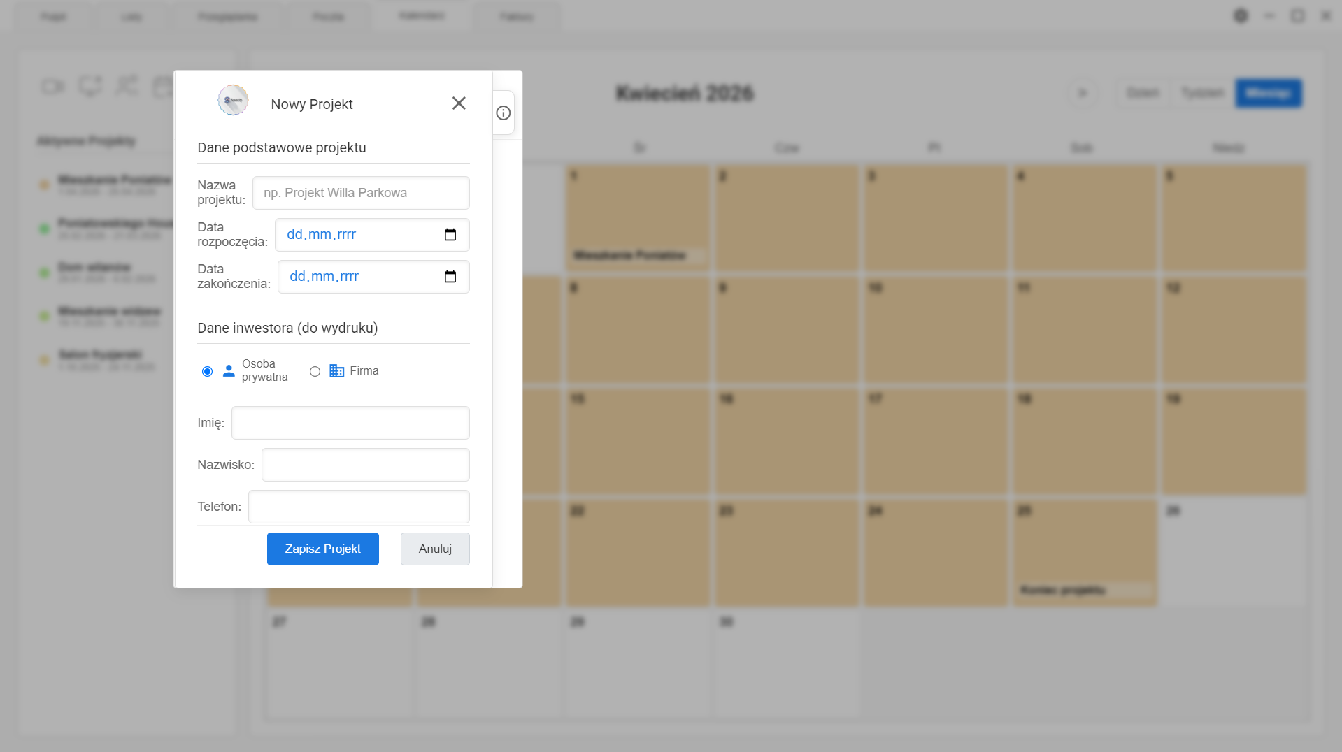 Specly - Zakładanie nowego projektu i wprowadzanie danych kontrahenta